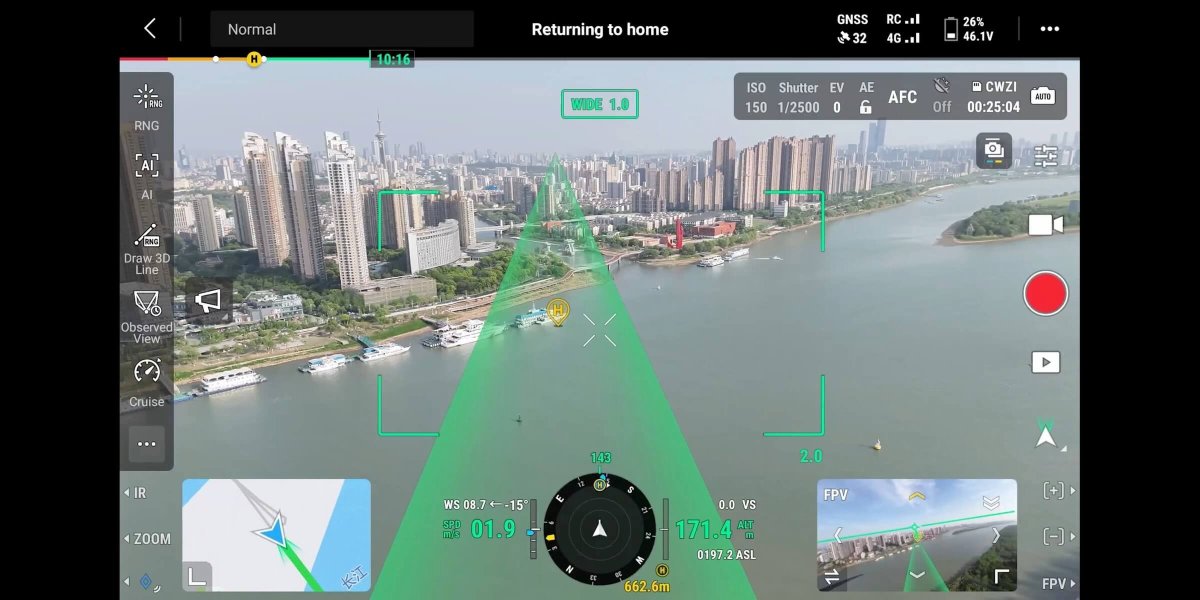 DJI Matrice 400 AR flight view interface with target tracking and telemetry