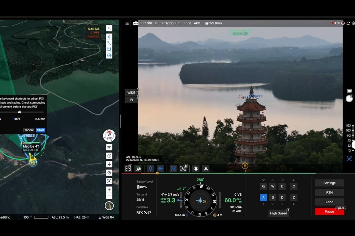 DJI RC Plus smart controller showing split screen aerial surveying view