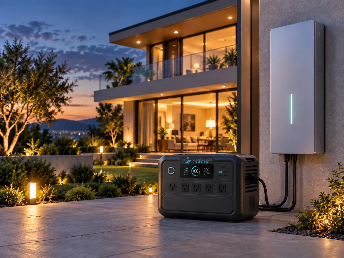 Conquest Impex portable power station and home backup battery at a modern residence