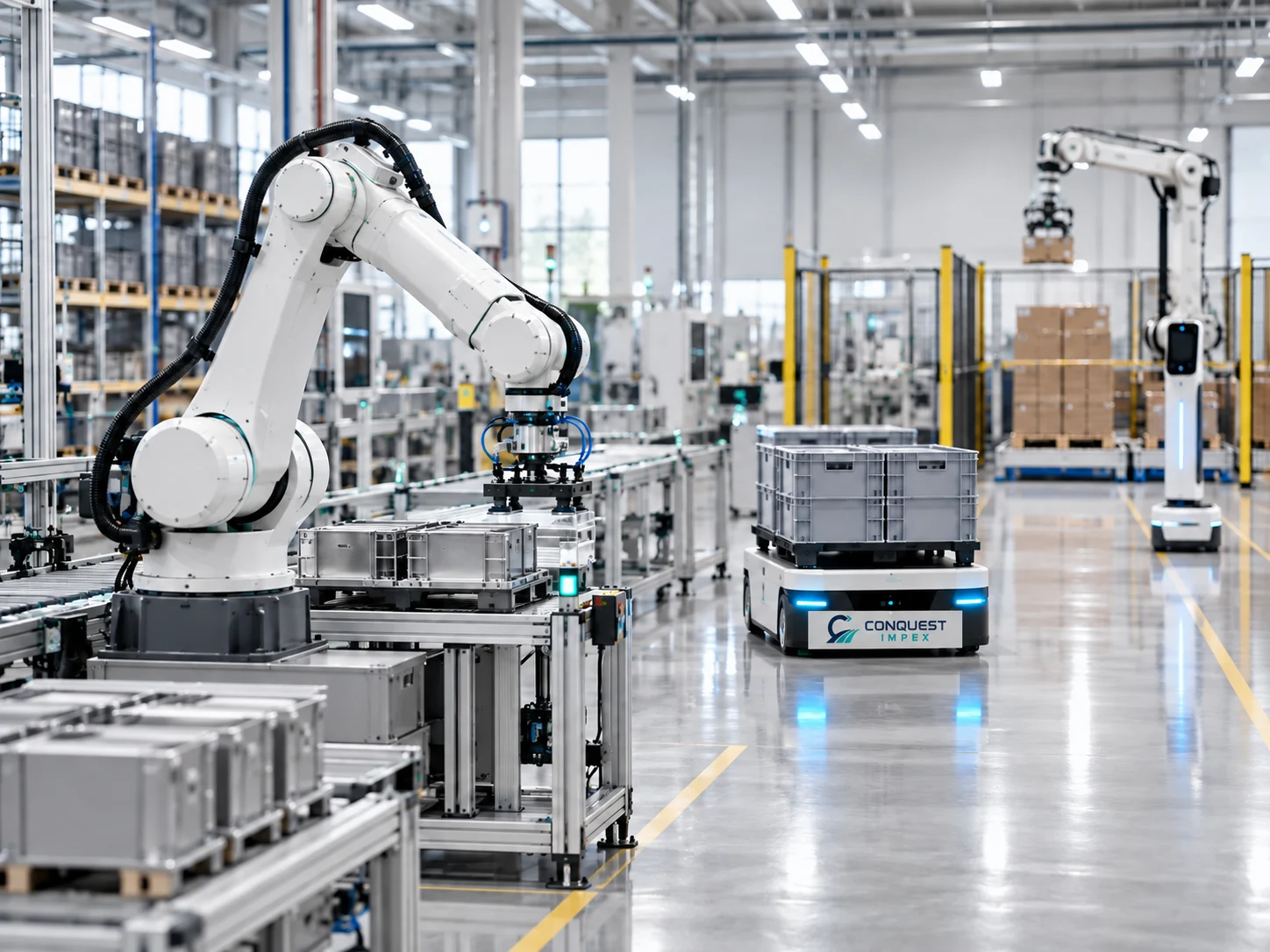 Conquest Impex industrial robots and autonomous material transport operating in a factory