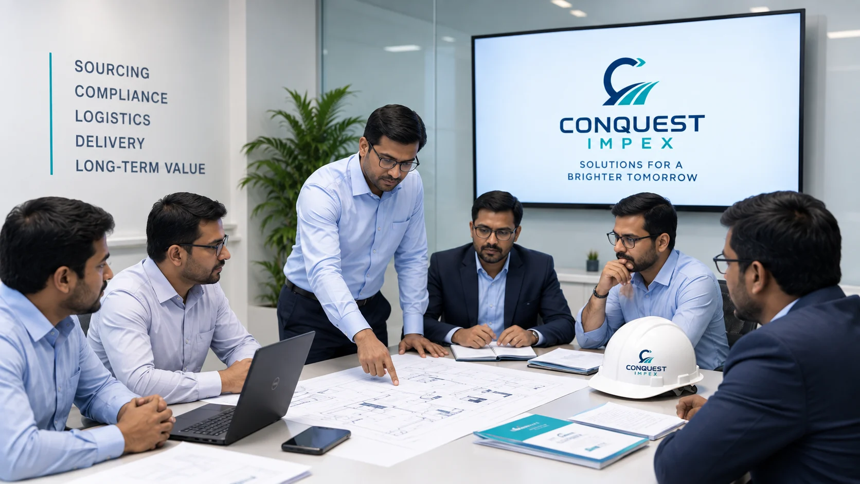 Conquest Impex corporate procurement team reviewing technical plans